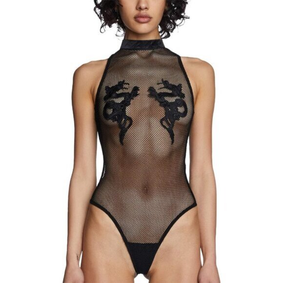⚡Women Black Dolls Kill Bad Luck Dragon Fishnet Bodysuit High Neck Bodysuit - Picture 4 of 5